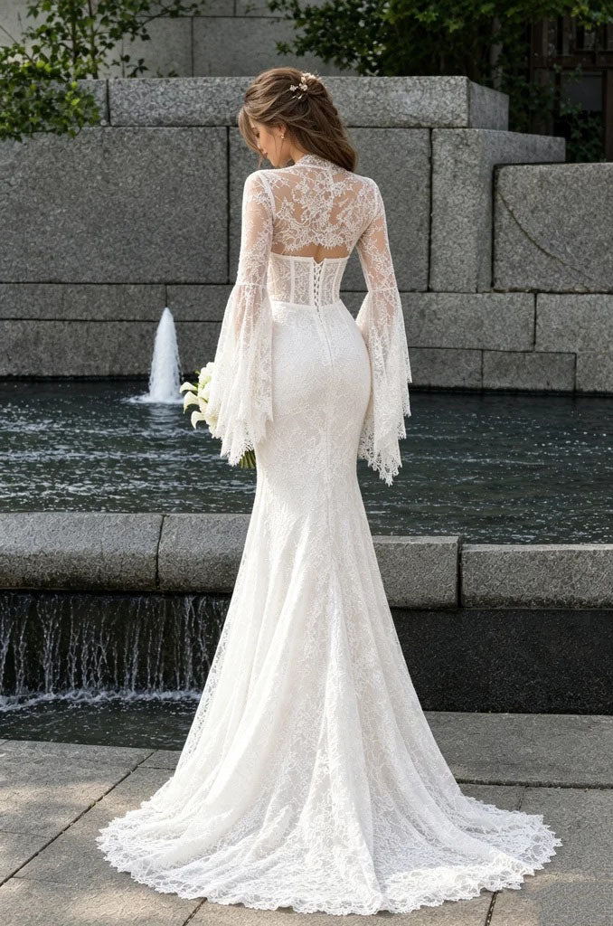 Elegant Ivory Lace High Neck Long Sleeve Mermaid Bridal Wedding Dresses,WD0658