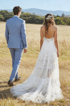 Elegant  A-Line Lace Wedding Dress V-Neck Spaghetti Strap Backless Bridal Gown,WD0585