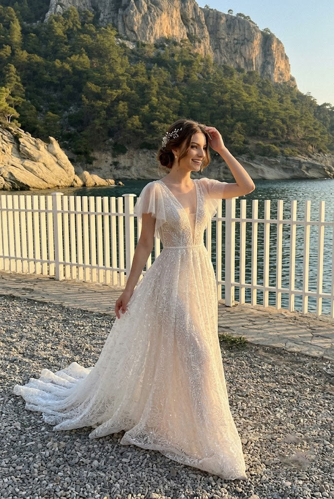 Beautiful White Lace A-Line Wedding Dresses Modern Flutter Sleeve Bridal Gown,WD0623