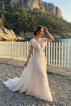 Beautiful White Lace A-Line Wedding Dresses Modern Flutter Sleeve Bridal Gown,WD0623