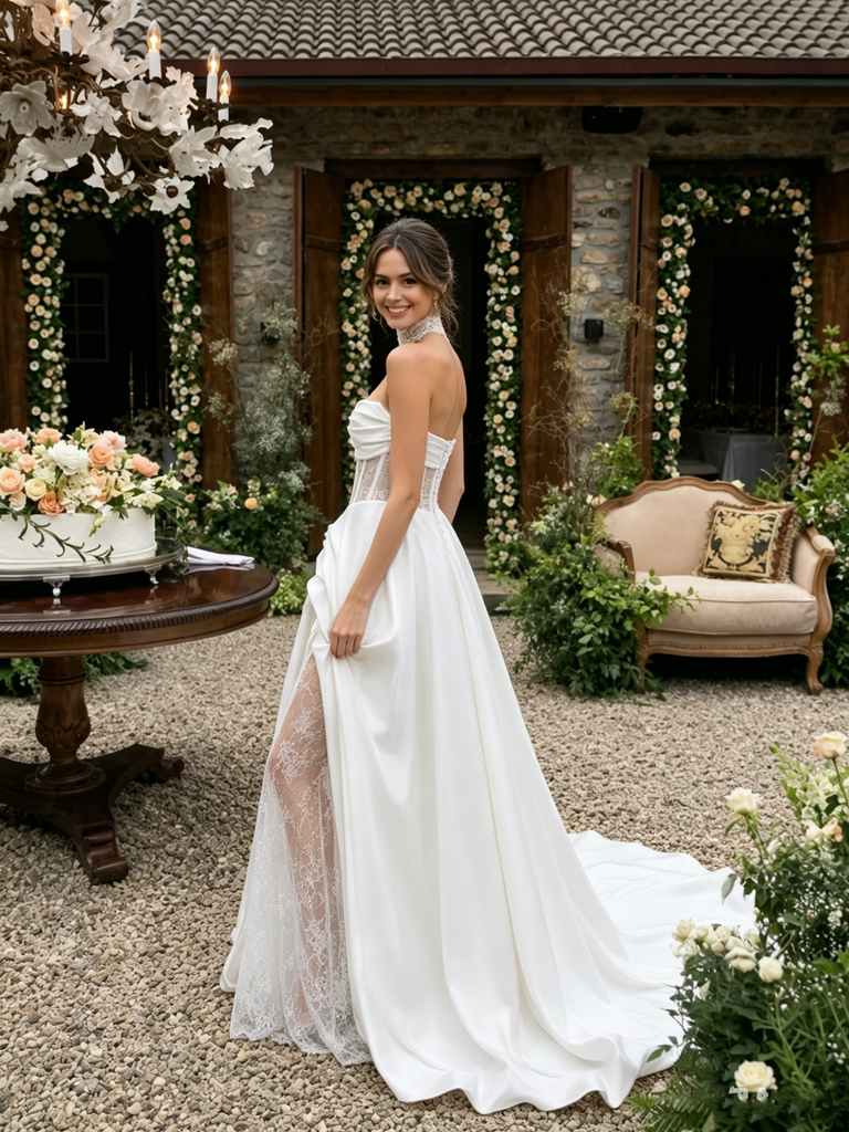 Beautiful White Sweetheart Lace Wedding Dresses With High Slit Plus Satin Train,WD0611