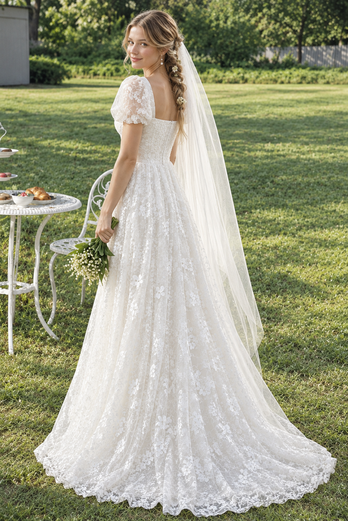Pretty Vintage Square Neck Short Sleeve Lace Boho Wedding Dresses,WD0667