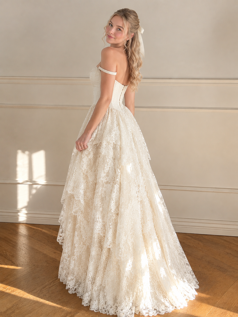 Beautiful Strapless Tiered Lace Champagne Corset Wedding Dresses,WD0654