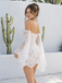 Classy White Lace Wedding Dresses Off Shoulder Long Sleeve Short Bridal Gown,WD0661