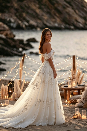Unique Floral Lace Beach Wedding Dresses Off Shoulder Sweetheart A Line Tulle Skirt,WD0598