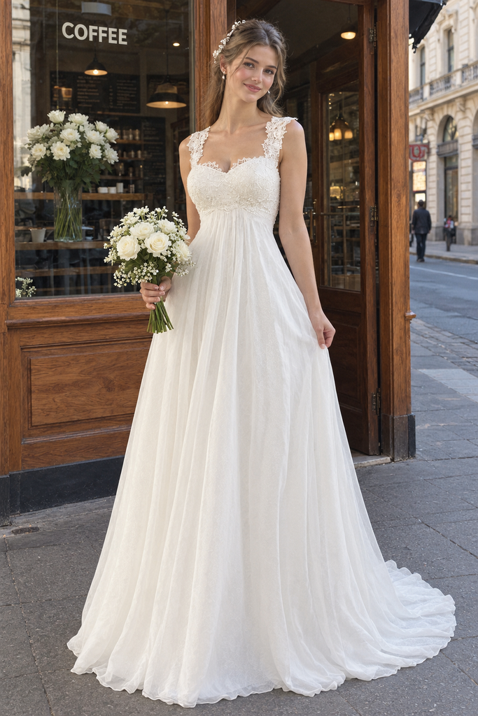 Beautiful White Lace Straps Empire Waist Chiffon Boho Wedding Dresses,WD0673