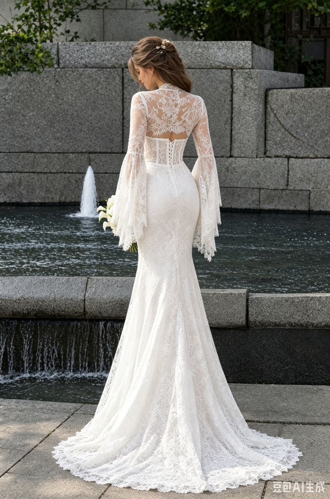 Elegant Ivory Lace High Neck Long Sleeve Mermaid Bridal Wedding Dresses,WD0658