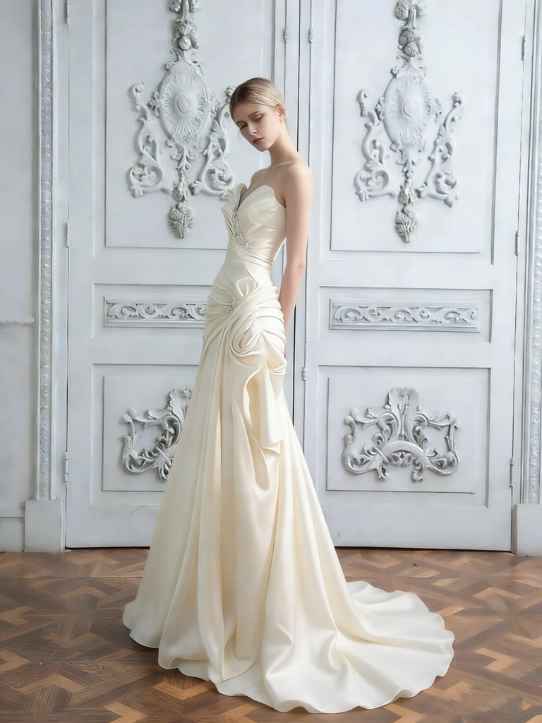 Classy Ruched Satin Wedding Prom Gown Strapless Sweetheart Neckline Mermaid Silhouette,WD0582