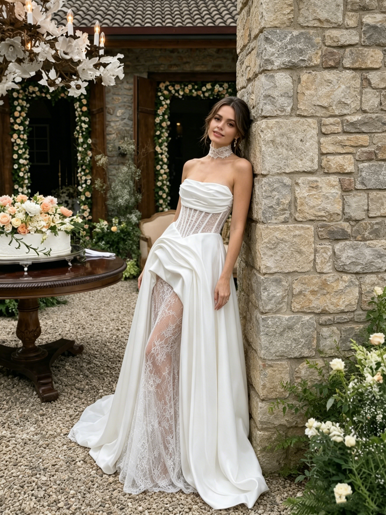 Beautiful White Sweetheart Lace Wedding Dresses With High Slit Plus Satin Train,WD0611
