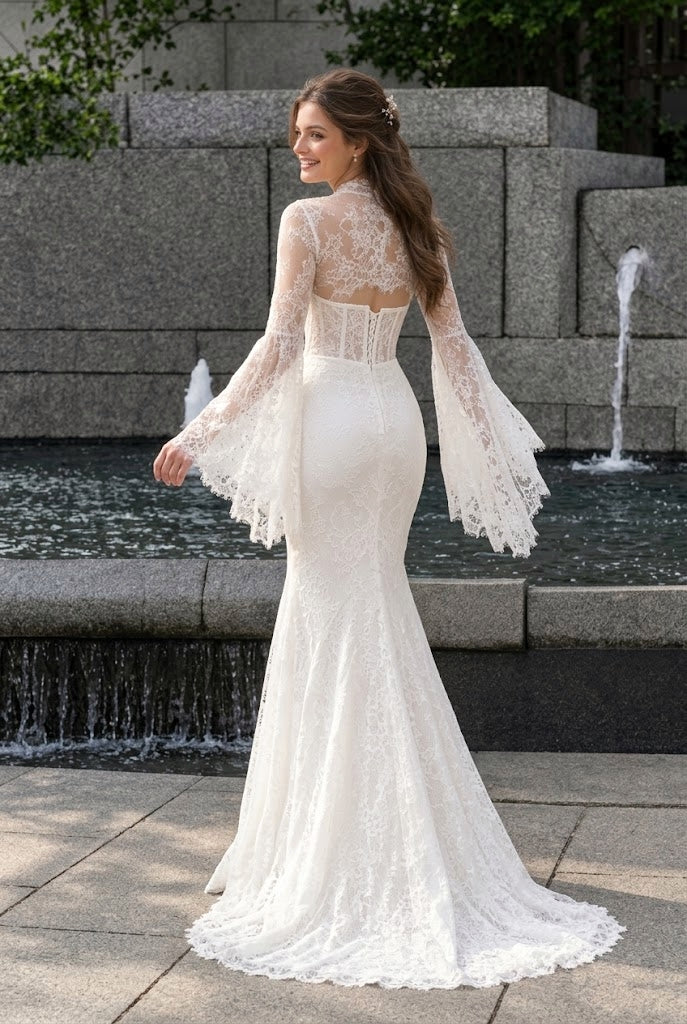 Elegant Ivory Lace High Neck Long Sleeve Mermaid Bridal Wedding Dresses,WD0658