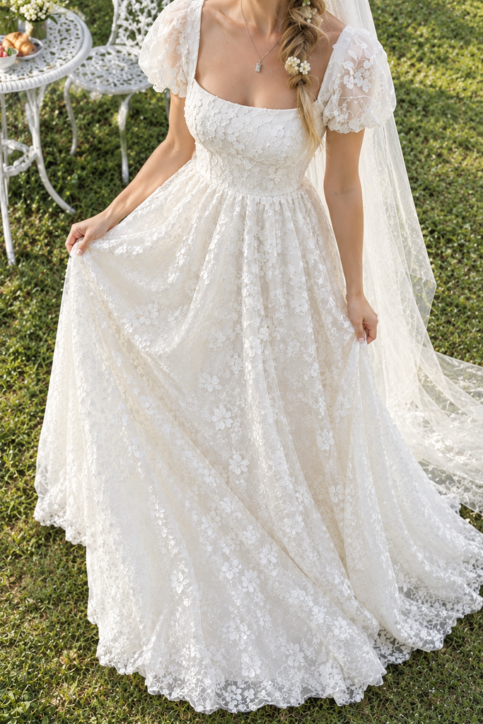 Pretty Vintage Square Neck Short Sleeve Lace Boho Wedding Dresses,WD0667