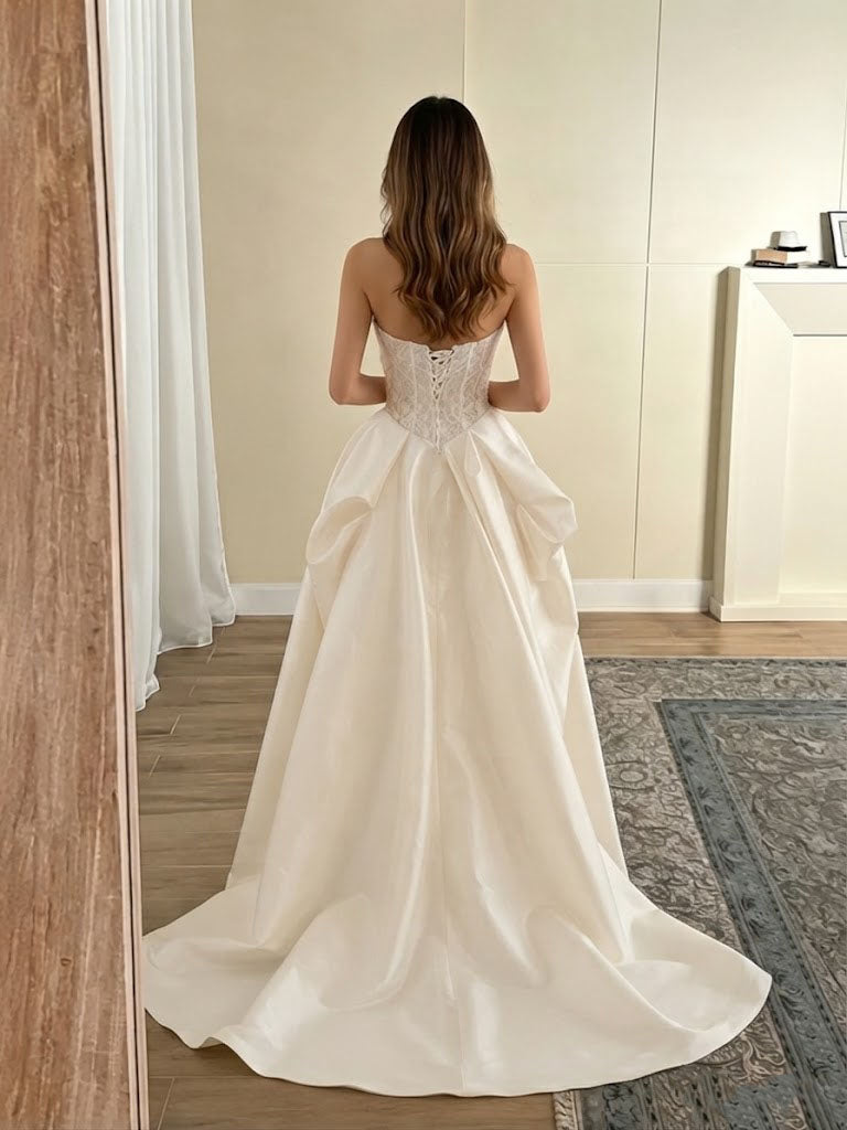 Beautiful Strapless Bow Corset High Low Lace Satin Wedding Dresses ,WD0643