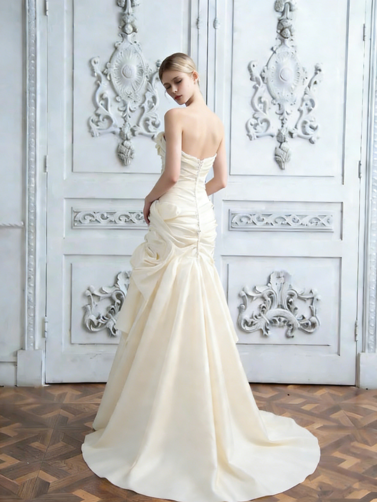 Classy Ruched Satin Wedding Prom Gown Strapless Sweetheart Neckline Mermaid Silhouette,WD0582