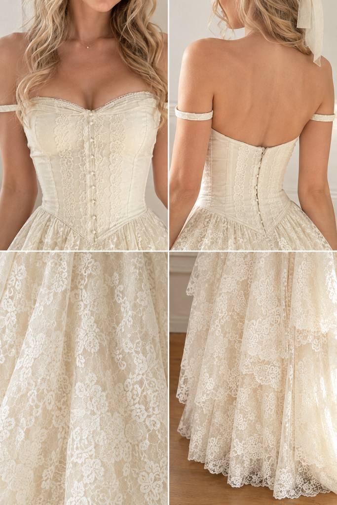 Beautiful Strapless Tiered Lace Champagne Corset Wedding Dresses,WD0654
