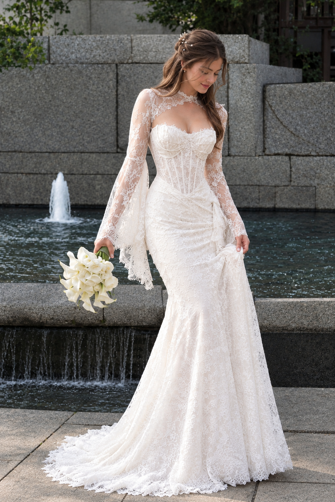 Elegant Ivory Lace High Neck Long Sleeve Mermaid Bridal Wedding Dresses,WD0658