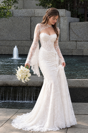 Elegant Ivory Lace High Neck Long Sleeve Mermaid Bridal Wedding Dresses,WD0658