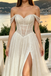 Unique Off the Shoulder Beaded Lace Wedding Dresses with High Slit Tulle Skirt,WD0595