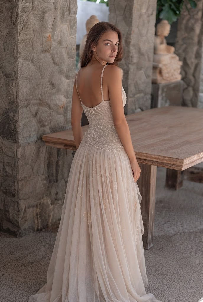 Sexy Champagne Beaded Wedding Dresses Cowl Neck High Slit Corset Floor Length,WD0637