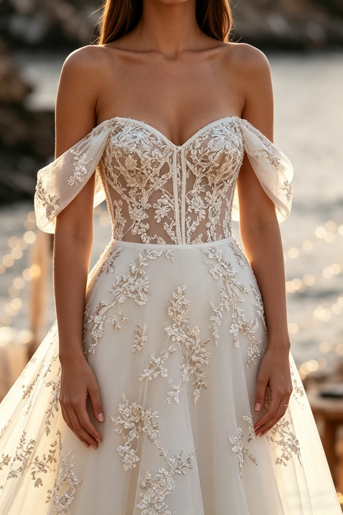Unique Floral Lace Beach Wedding Dresses Off Shoulder Sweetheart A Line Tulle Skirt,WD0598
