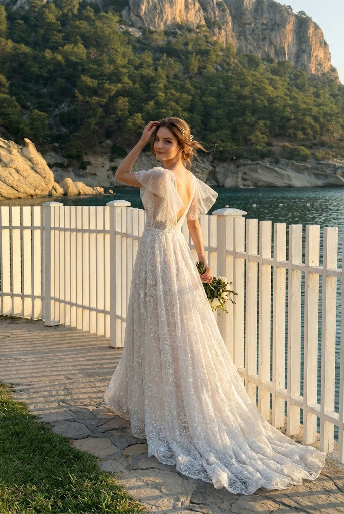 Beautiful White Lace A-Line Wedding Dresses Modern Flutter Sleeve Bridal Gown,WD0623