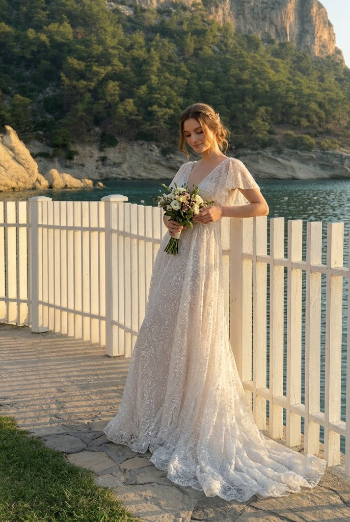 Beautiful White Lace A-Line Wedding Dresses Modern Flutter Sleeve Bridal Gown,WD0623