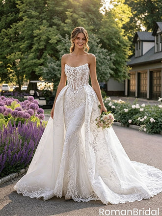 Unique Strapless Sleeveless Bridal Gown Lace Tulle Mermaid Long Wedding Dresses,WD0606