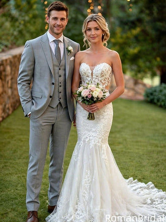 Sexy Lace Mermaid Wedding Dresses Sweetheart Illusion Bodice Long Bridal Gown,WD0589