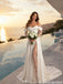 Classy Off-Shoulder Wedding Dresses Long Lace Sleeve Satin Slit Bridal Gown,WD0591