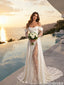 Classy Off-Shoulder Wedding Dresses Long Lace Sleeve Satin Slit Bridal Gown,WD0591
