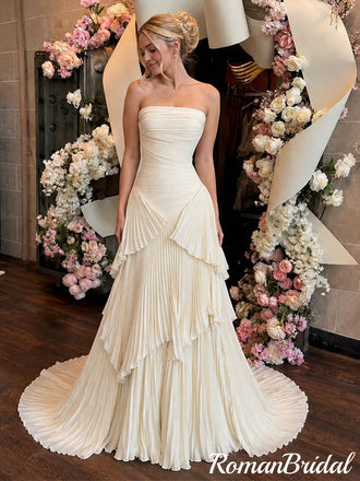 Beautiful Strapless Pleated Bridal Gown Unique Tiered Long Wedding Dresses,WD0645