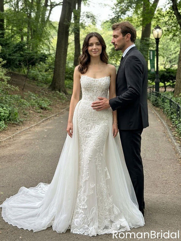 Beautiful Lace Mermaid Wedding Dresses Sexy Strapless Bridal Gown with Long,WD0620