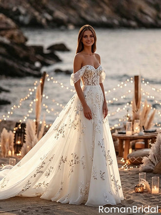 Unique Floral Lace Beach Wedding Dresses Off Shoulder Sweetheart A Line Tulle Skirt,WD0598