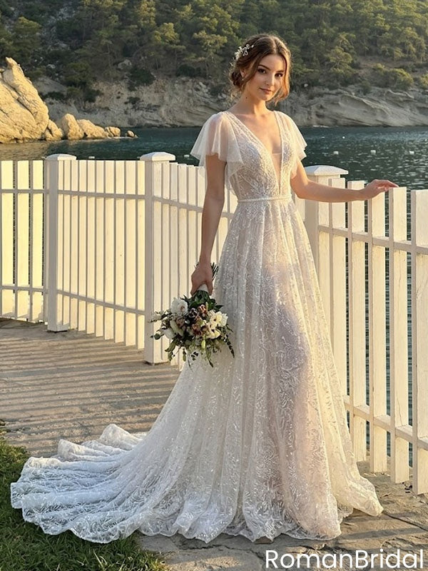 Beautiful White Lace A-Line Wedding Dresses Modern Flutter Sleeve Bridal Gown,WD0623
