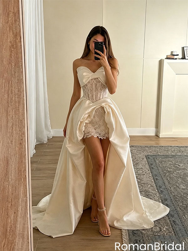 Beautiful Strapless Bow Corset High Low Lace Satin Wedding Dresses ,WD0643