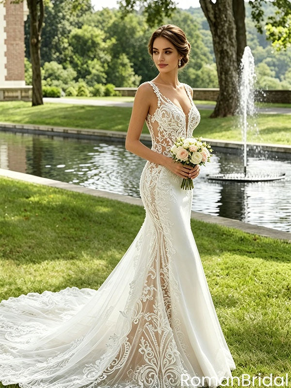Mermaid Wedding Dresses Sexy Backless Lace Bridal Gown Sleeveless V Neck Chapel Train,WD0601