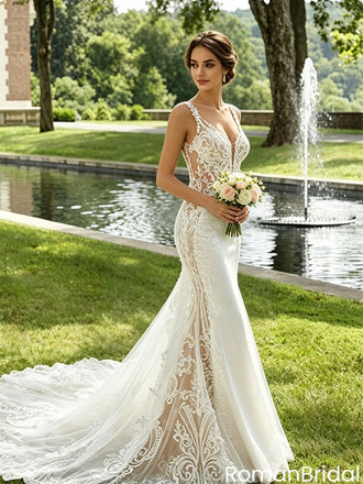 Mermaid Wedding Dresses Sexy Backless Lace Bridal Gown Sleeveless V Neck Chapel Train,WD0601