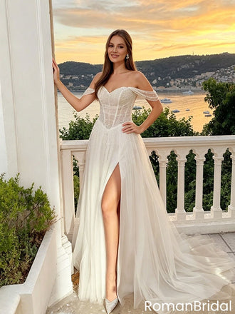 Unique Off the Shoulder Beaded Lace Wedding Dresses with High Slit Tulle Skirt,WD0595