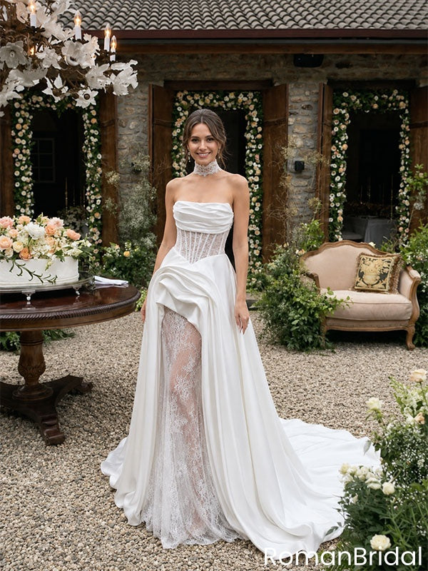 Beautiful White Sweetheart Lace Wedding Dresses With High Slit Plus Satin Train,WD0611