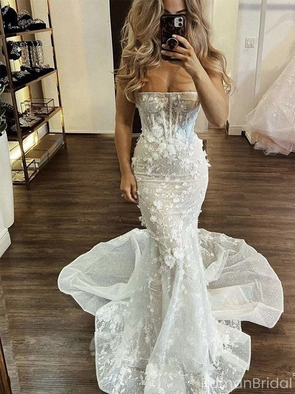 Sexy White Sweetheart Mermaid Long Wedding Dresses With Sweep Trailing,WD0567