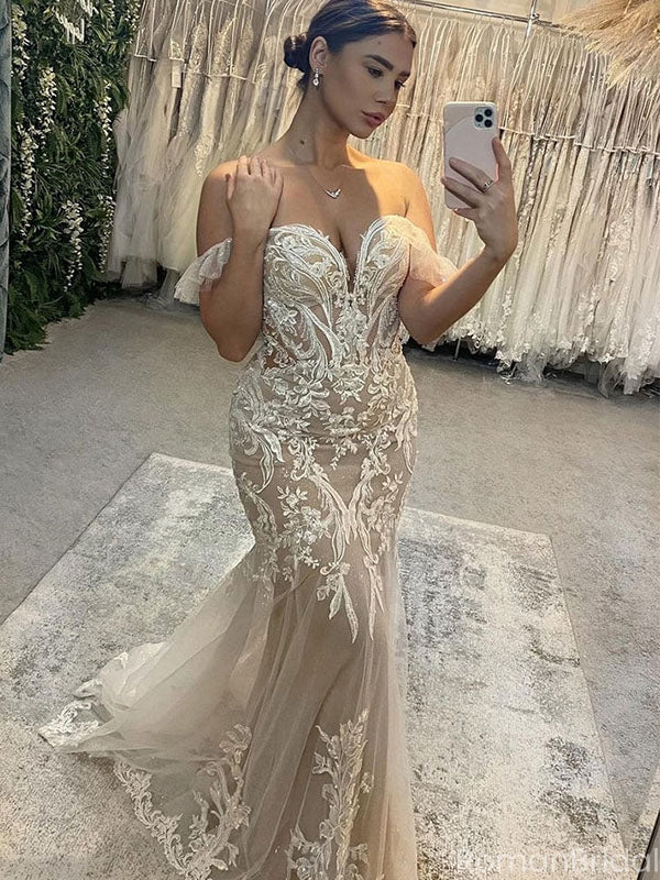 Elegant White Off-Shoulder Sleeveless Mermaid Long Wedding Dresses With Sweep Trailing,WD0570