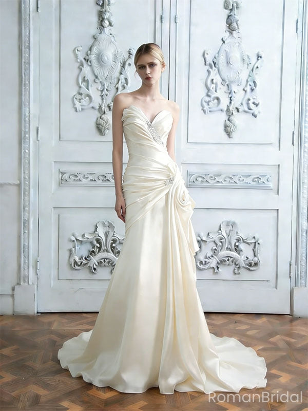 Classy Ruched Satin Wedding Prom Gown Strapless Sweetheart Neckline Mermaid Silhouette,WD0582
