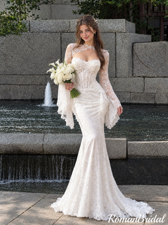 Elegant Ivory Lace High Neck Long Sleeve Mermaid Bridal Wedding Dresses,WD0658
