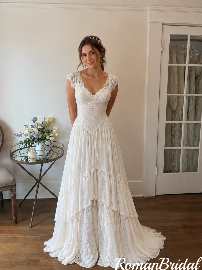 V Neck Cap Sleeve Floor Length A Line Wedding Dresses Tiered Lace Romantic,WD0649