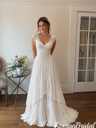 V Neck Cap Sleeve Floor Length A Line Wedding Dresses Tiered Lace Romantic,WD0649