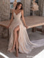Sexy Champagne Beaded Wedding Dresses Cowl Neck High Slit Corset Floor Length,WD0637