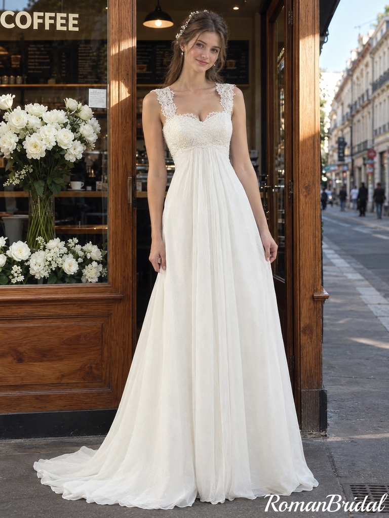 Beautiful White Lace Straps Empire Waist Chiffon Boho Wedding Dresses,WD0673