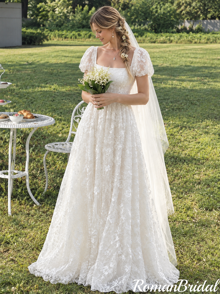Pretty Vintage Square Neck Short Sleeve Lace Boho Wedding Dresses,WD0667