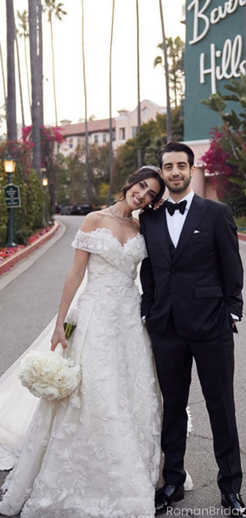 Elegant White Off-Shoulder A-Line Long Wedding Dresses With Sweep Trailing,WD0576