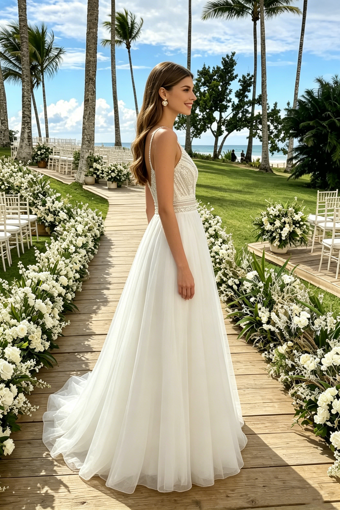 Modern V Neck Spaghetti Strap A-Line Wedding Dresses with Embroidery Lace Tulle,WD0596