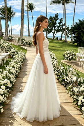 Modern V Neck Spaghetti Strap A-Line Wedding Dresses with Embroidery Lace Tulle,WD0596